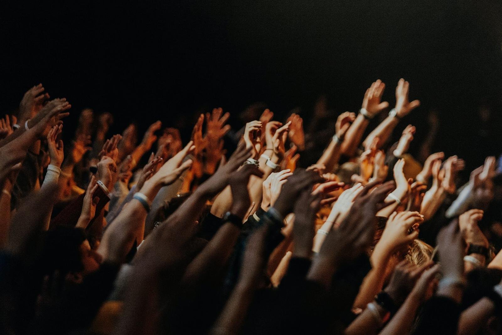 Many raised hands lit against a dark background
