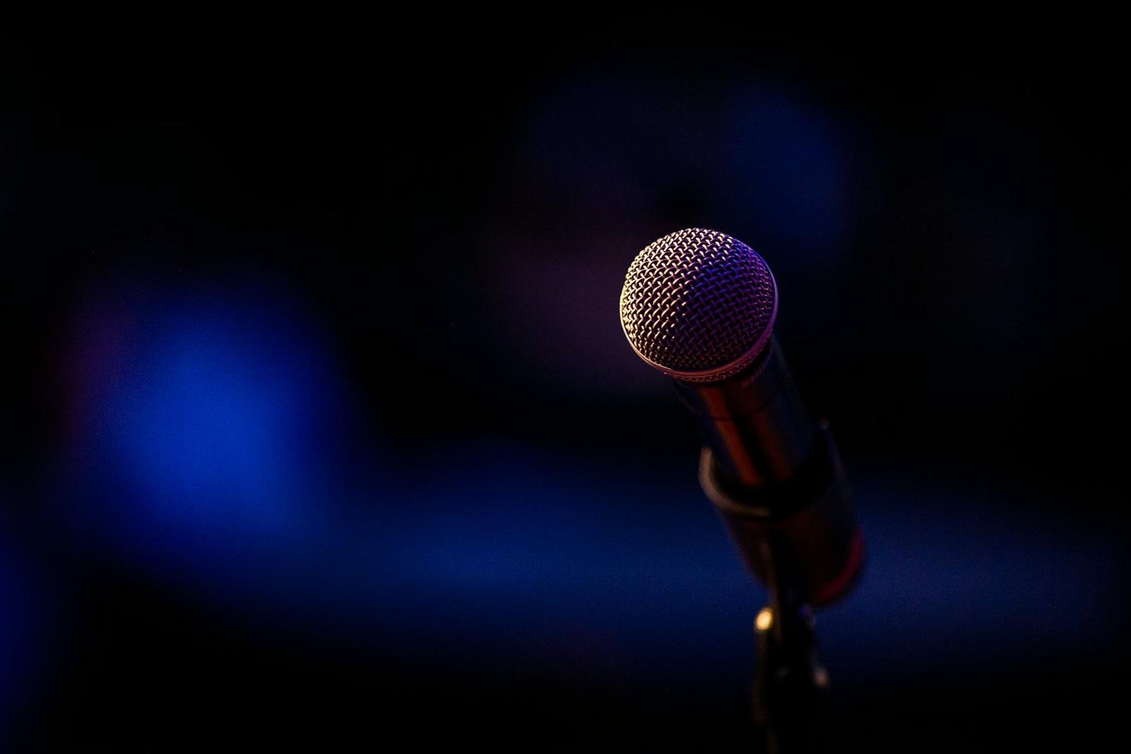 A single microphone on a stand in a dark room