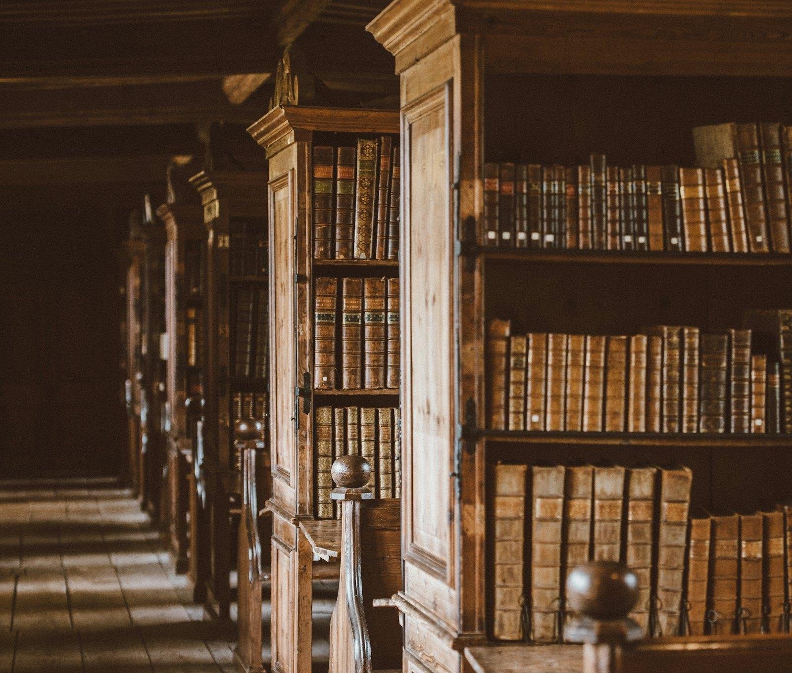 Chained shelves of old books in the library of Wells Cathedral